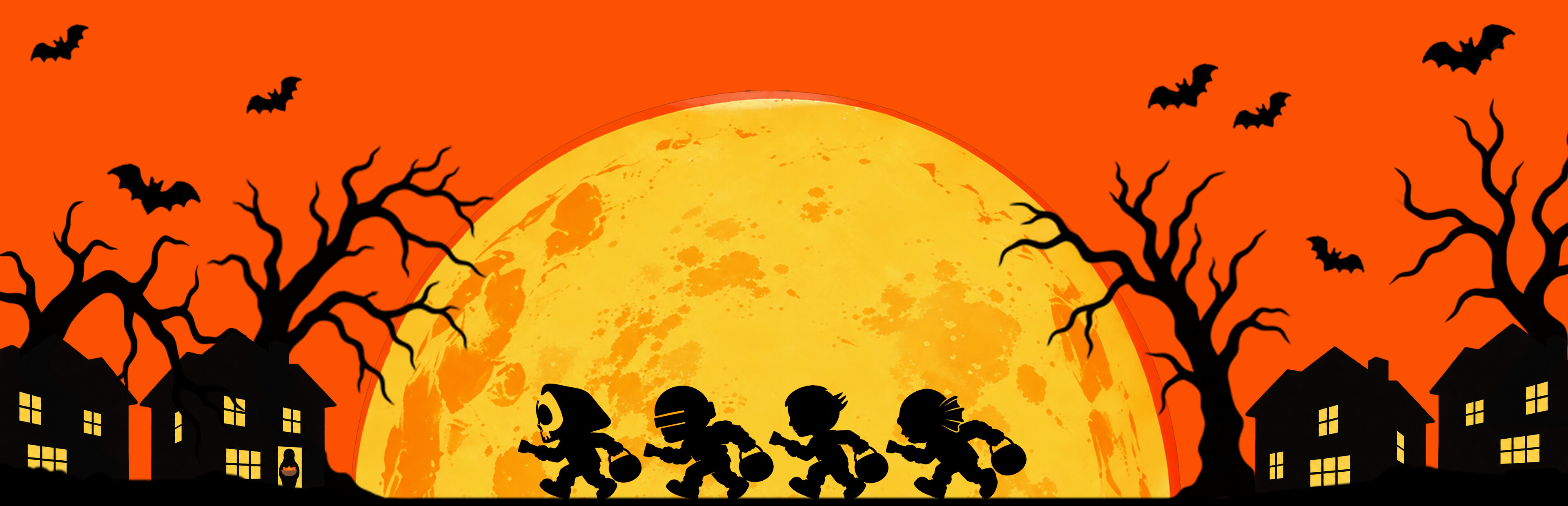 Costumed trick-or-treaters beneath a giant Halloween moon